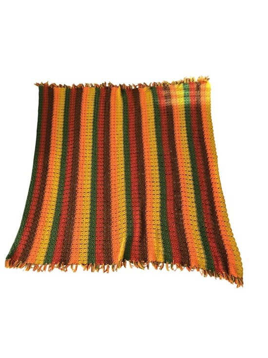 Handmade Other - Handmade Crochet Throw Blanket Stripes & Fringe 60"x 46" Retro Fall